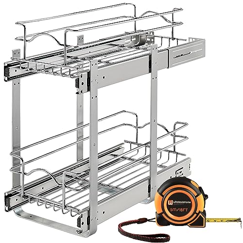 Rev-A-Shelf 2 Tier Pull Out Cabinet Organizer,5WB2-1218CR-1,12 x 18 Inch Under Sink pull out organizer,Steel Wire Pots and Pans Organizer Kitchen Cabinet,Wholesalehome Tape Measure Included Silver