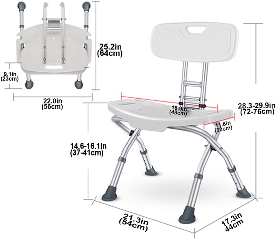 Folding Bath Stool with Back, Adjustable Shower Bench for Elderly, Anti-Slip Rubber Feet M3563