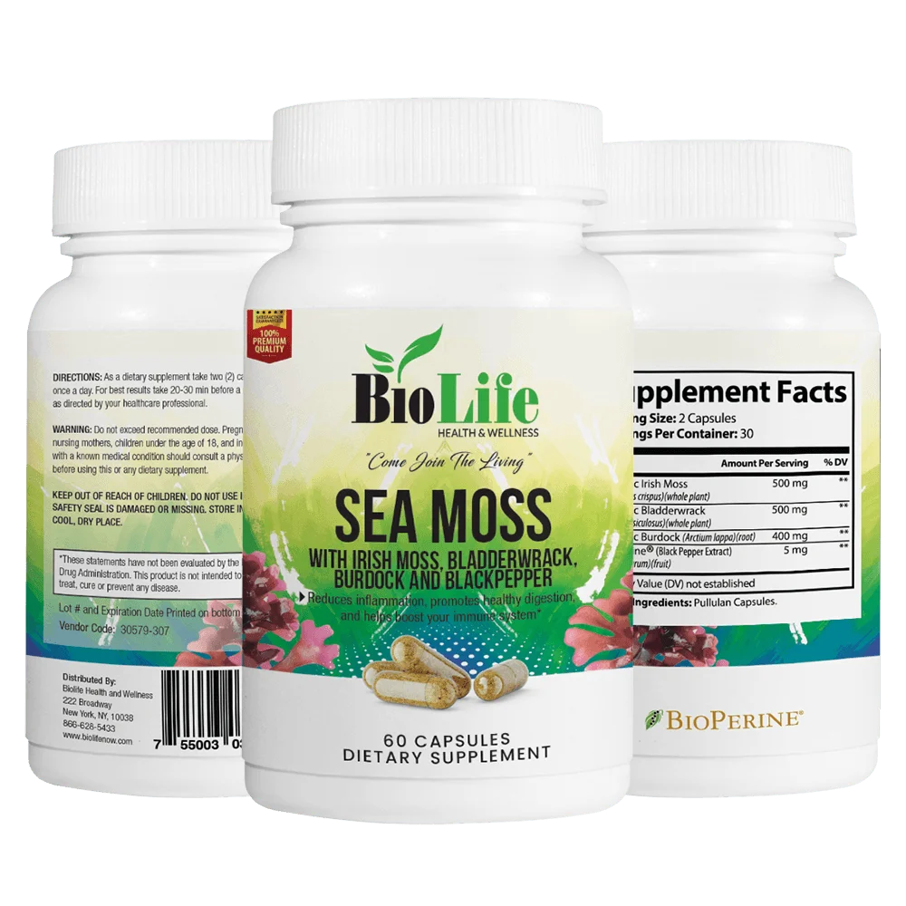 Biolife Sea Moss with Irish Moss, Bladderwrack, Burdock and Black Pepper, 60 Capsules L629629