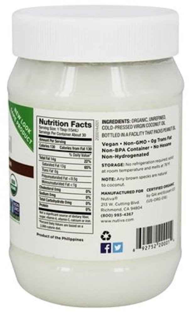 Nutiva Organic Extra Virgin Coconut Oil, Cold-Pressed, 15 Fl Oz (Pack of 2) H453