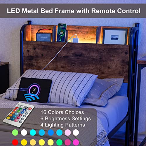 Queen Bed Frame with LED Lights and Charging Station, Black F650