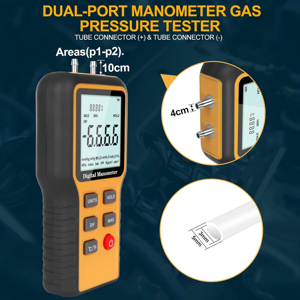 Manometer, Dual-Port HVAC Digital Air Pressure Meter Gas Tester Z185
