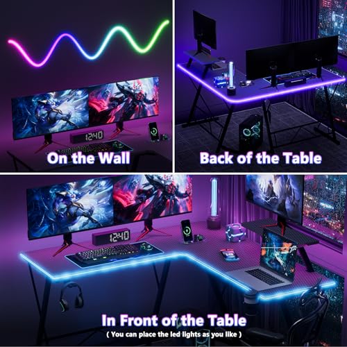 Mr IRONSTONE Gaming Desk with LED Lights, L Shaped Corner Desk, Black 51 Inch X2072