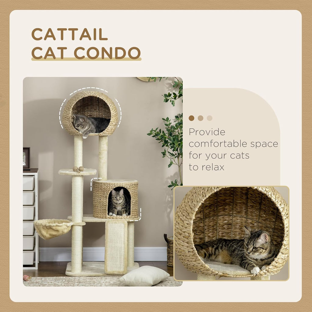 PawHut 59 Inch Cat Tree for Indoor Cats with Condo, Hammock, Scratching Posts, Beige W443