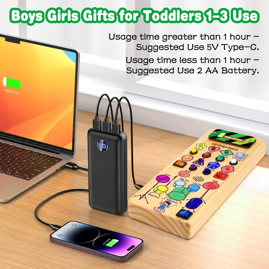USB Busy Board Montessori Toys with LED Shape Switch and Drum Set for 1-3 Year Old Boys Girls I9070