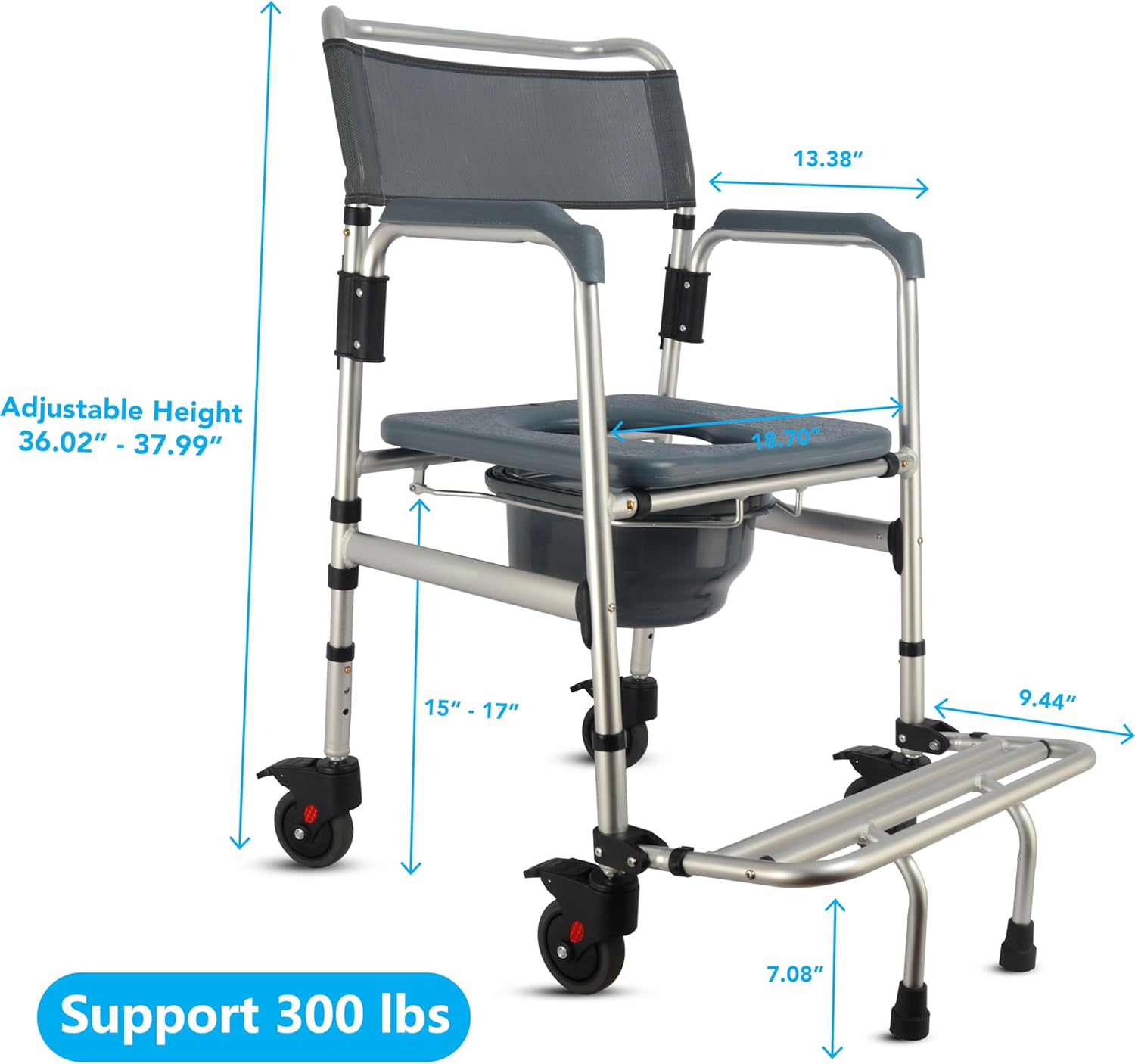 3-in-1 Aluminum Bedside Commode Toilet Shower Chair with Swivel Wheels S7338
