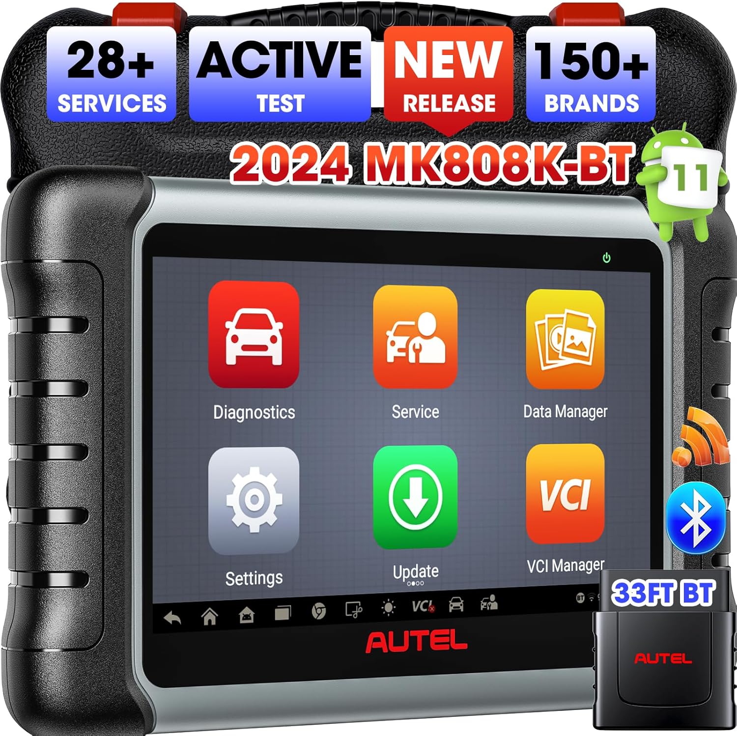 Autel Scanner MaxiCOM MK808K-BT, BT Bidirectional Tool, Updated of MK808BT MK808S MX808S, Active Tests, 28+ Services, All-system Diagnostics, FCA SGW Cars, OS11, Same As MK808BT Pro MK808Z-BT MX900