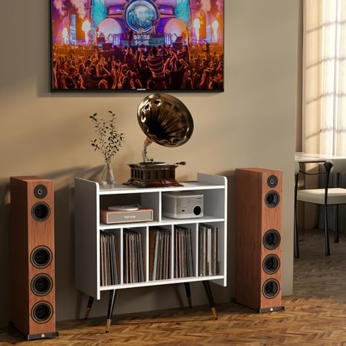 Large Record Player Stand with Power Outlet, Holds 350 Albums, Black I10987