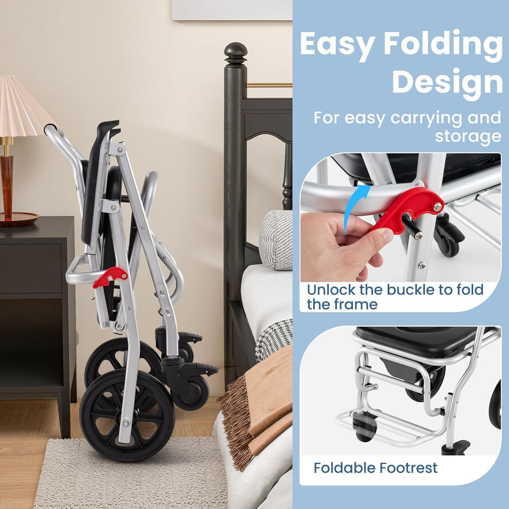 Giantex Bedside Commode Wheelchair with Arms, Lockable Casters, Detachable Bucket G734