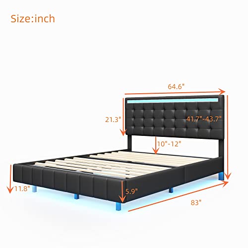 Queen Size LED Lighted Upholstered Platform Bed Frame with USB Charging, Black N957