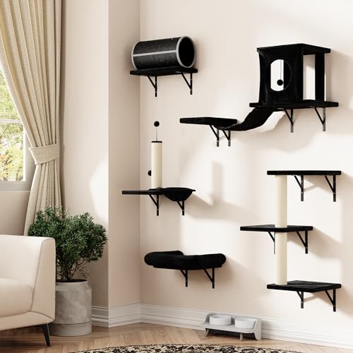 7-in-1 Wall Mounted Cat Climber Set, Cat Furniture Set, Cat Climber with Cat House,Tunnel, Bridge, Tree, Steps, Scratcher Board and Hammock,Cat Shelves for Indoor, Luxury Cat Walls(Grey)