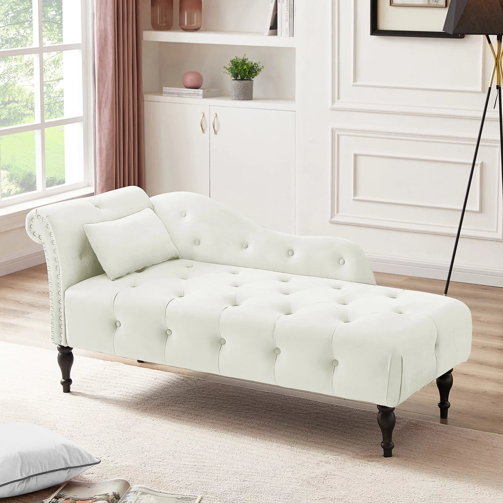 HUTWIFE Velvet Chaise Lounge, Left Arm Design Chaise with Nailhead Trim Tufted Button Lounge Chair with Pillow Modern Upholstered Rolled Arm Lounges Chair for Living Room Bedroom