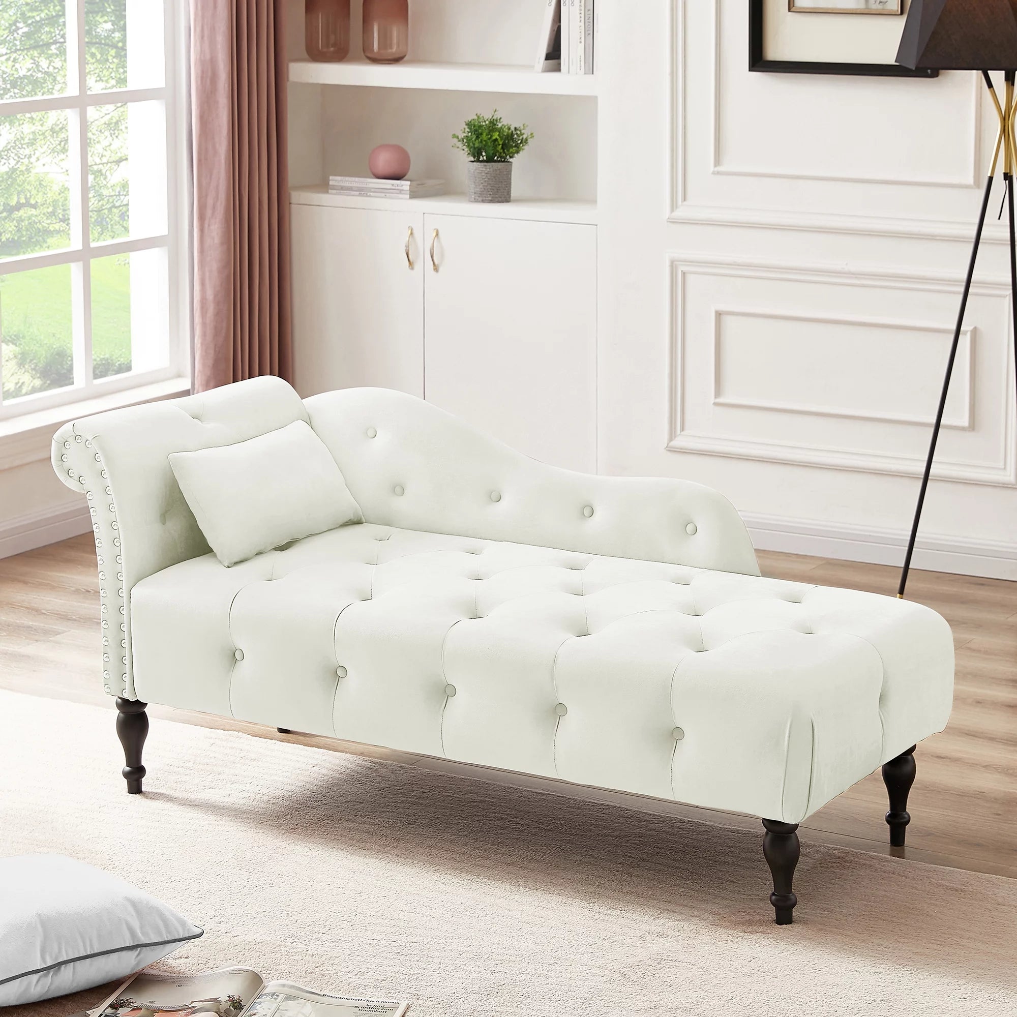 HUTWIFE Velvet Chaise Lounge, Left Arm Design Chaise with Nailhead Trim Tufted Button Lounge Chair with Pillow Modern Upholstered Rolled Arm Lounges Chair for Living Room Bedroom