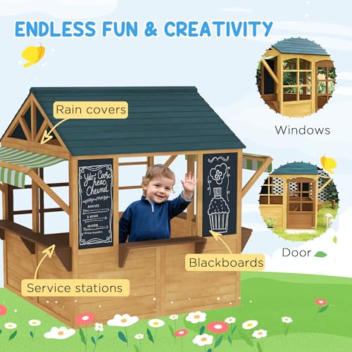 Qaba Foldable Wooden Outdoor Playhouse for Kids 3-8 Years, Brown J22431