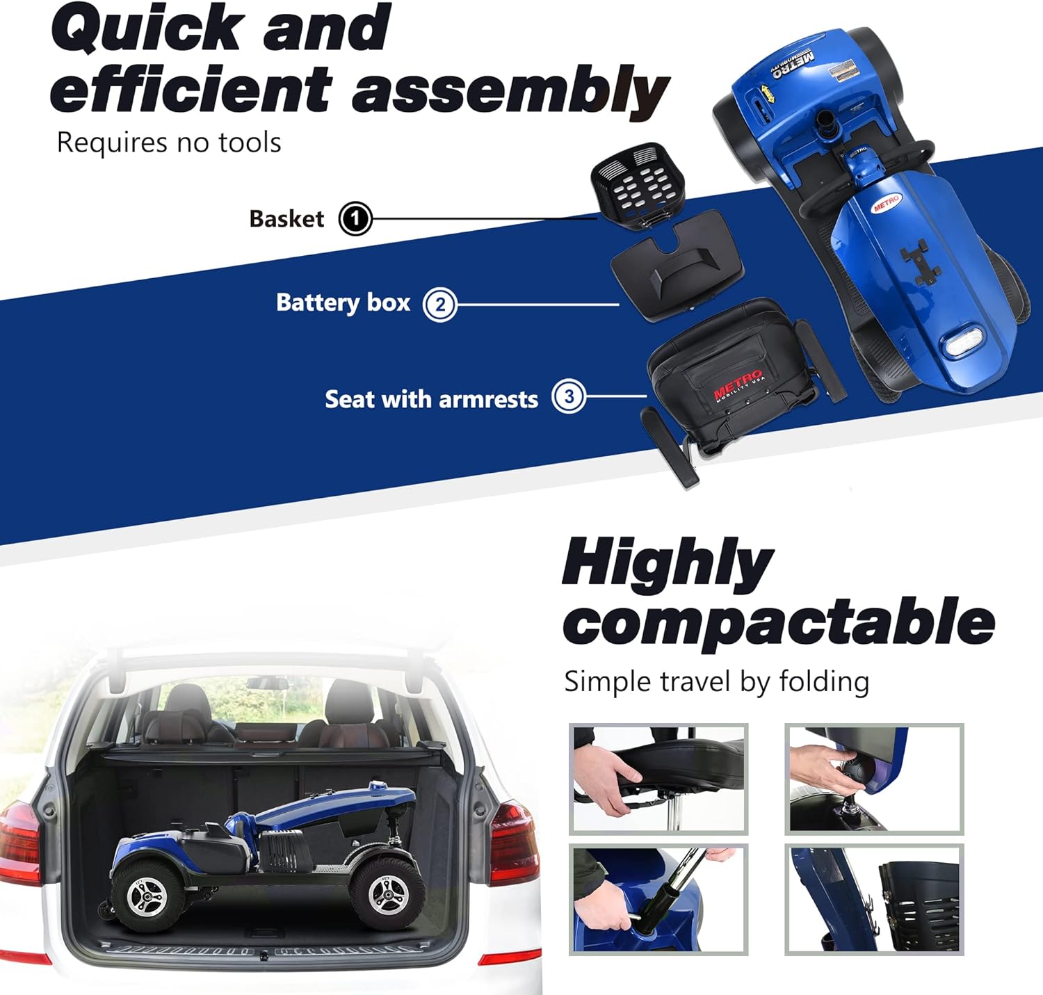 4 Wheel Folding Mobility Scooter for Seniors Adults, 300lbs Capacity, Long Range Battery T68800