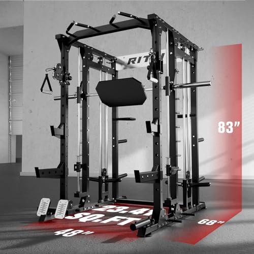 RitFit Buffalo Smith Machine Power Cage with Lat Pull-Down & Cable Crossover for Home Gym V3251