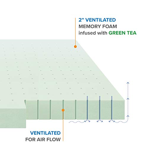 Queen Mattress Topper 2 Inch Ventilated Memory Foam, Green Tea Infusion, CertiPUR-US Certified C500