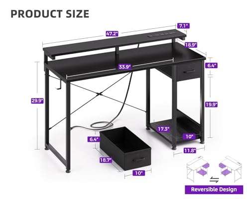 MOTPK Gaming Desk with LED Lights & Power Outlet, 48 Inch, Black X410417