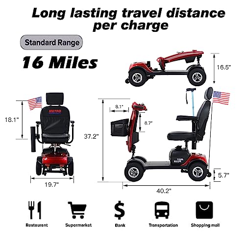4 Wheel Mobility Scooter Portable Electric with Extended Battery for Seniors Adults Red Q353433