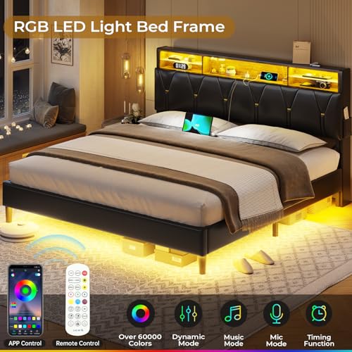 Full Size Velvet Upholstered Bed Frame with Headboard Storage & LED Lights B563