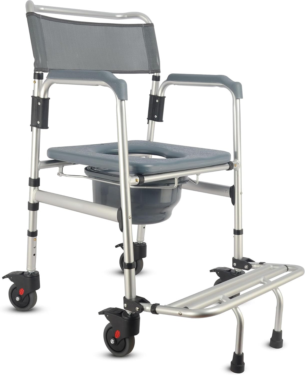 3-in-1 Aluminum Bedside Commode Toilet Shower Chair with Swivel Wheels 6.3 qt Bucket 4 Brake Casters Tool-free Assembly Support Up to 300 lbs Height Adjustable Lightweight