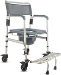 3-in-1 Aluminum Bedside Commode Toilet Shower Chair with Swivel Wheels 6.3 qt Bucket 4 Brake Casters Tool-free Assembly Support Up to 300 lbs Height Adjustable Lightweight