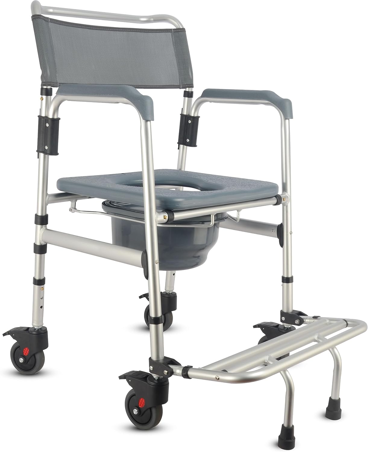 3-in-1 Aluminum Bedside Commode Toilet Shower Chair with Swivel Wheels 6.3 qt Bucket 4 Brake Casters Tool-free Assembly Support Up to 300 lbs Height Adjustable Lightweight