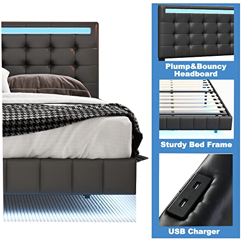 Queen Size LED Lighted Upholstered Platform Bed Frame with USB Charging, Black N957