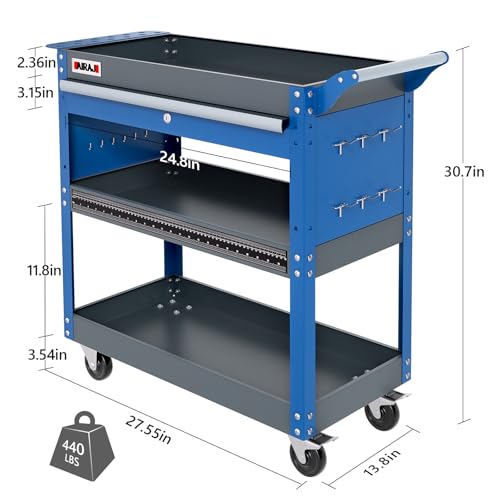 3 Tier Rolling Tool Cart with Drawers, 440 LBS Capacity, Blue F894