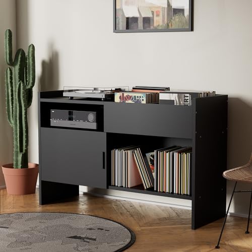 Cozy Castle Record Cabinet Holds up to 400 Albums, Record Player Stand with Power Outlet and Vinyl Storage, Turntable Stand for Living Room, White