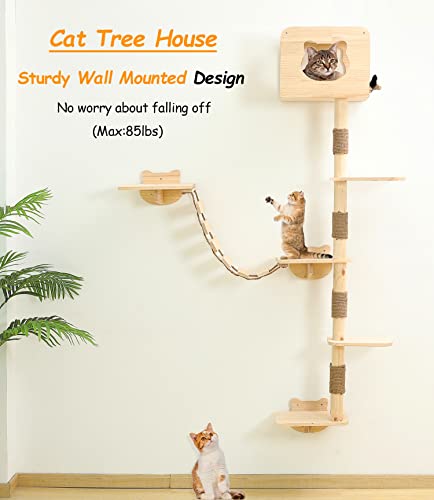 Tall Cat Tree House with Hammock Solid Wood Indoor Activity Tower O7163
