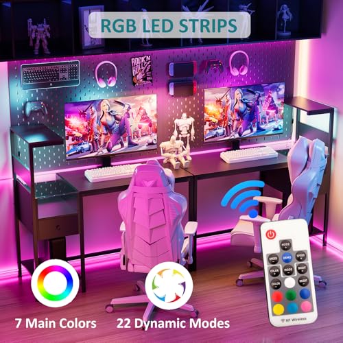 48 inch Reversible Gaming Desk with LED Lights & Power Outlets, Black B9849