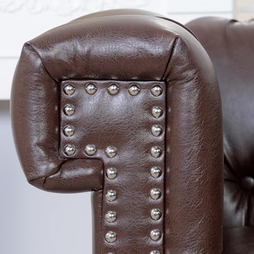 Chesterfield Leather Chair with Tufted Back and Solid Wood Legs, Brown P779
