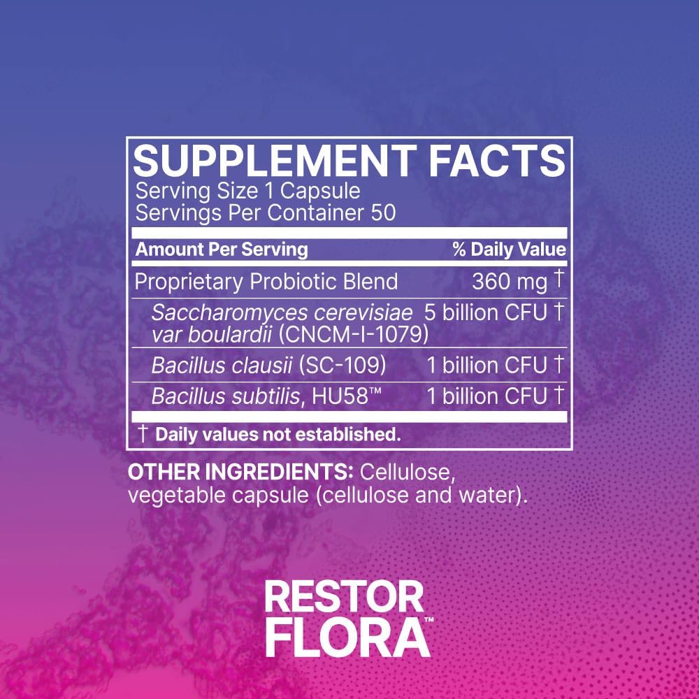 Restorflora Probiotic Supplement for Gut Health, 50 Capsules T334
