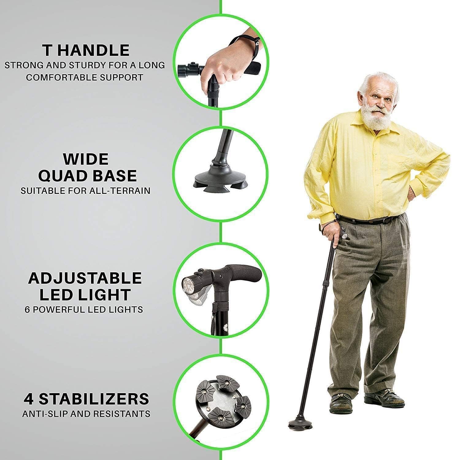 Folding Cane with LED Light, Adjustable Walking Stick with T Handle Q76494