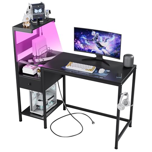 48 inch Reversible Gaming Desk with LED Lights & Power Outlets, Computer Desk with Storage Shelves & Drawer, Home Office Desk with CPU Stand, Black