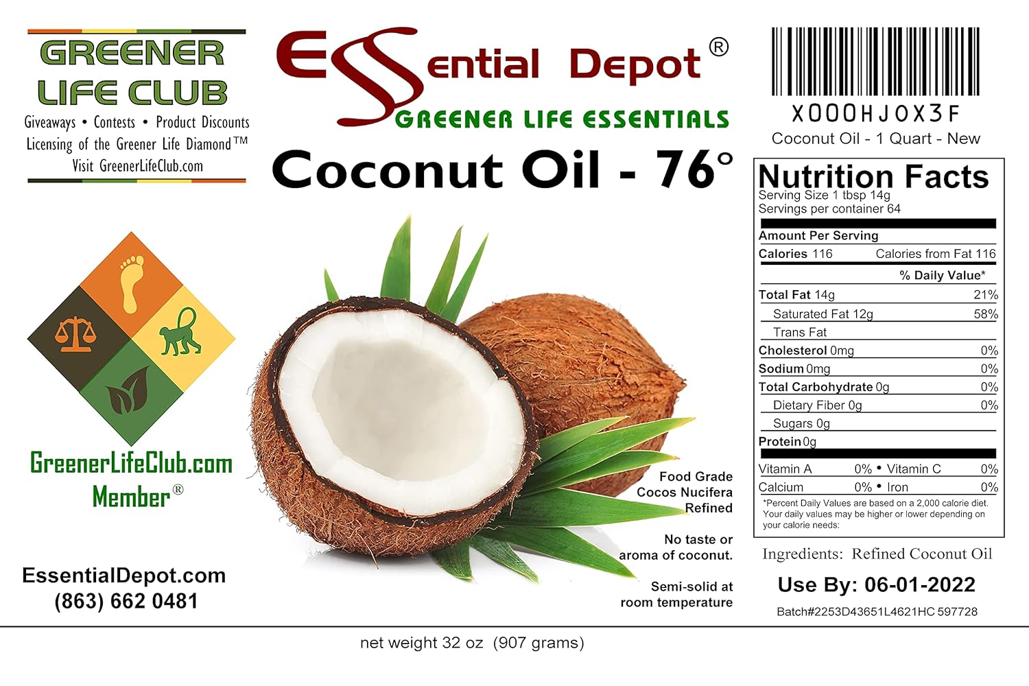 Coconut Oil 32 oz Food Grade HDPE Container S27839