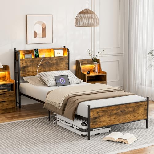 Queen Bed Frame with LED Lights and Charging Station, Queen Platform Bed with Storage Shelf Headboard, Strong Metal Slats Support, No Box Spring Needed, Noise Free, Easy Assembly - Black