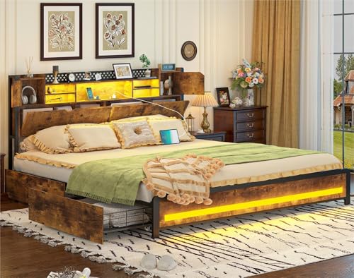 King Size Bed Frame with Storage Drawers and Bookcase Headboard, LED Lights, Vintage Brown K9476