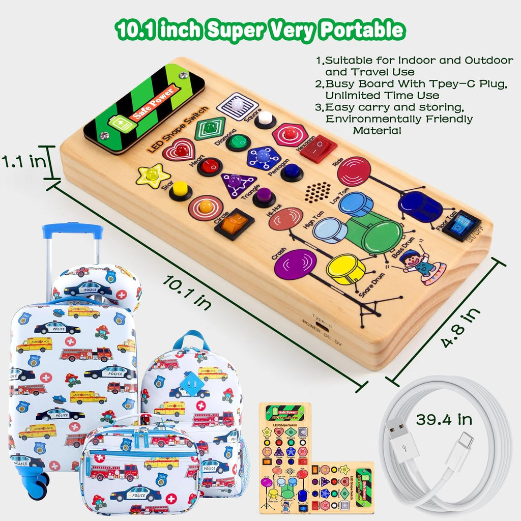 USB Busy Board Montessori Toys with LED Shape Switch and Drum Set for 1-3 Year Old Boys Girls I9070
