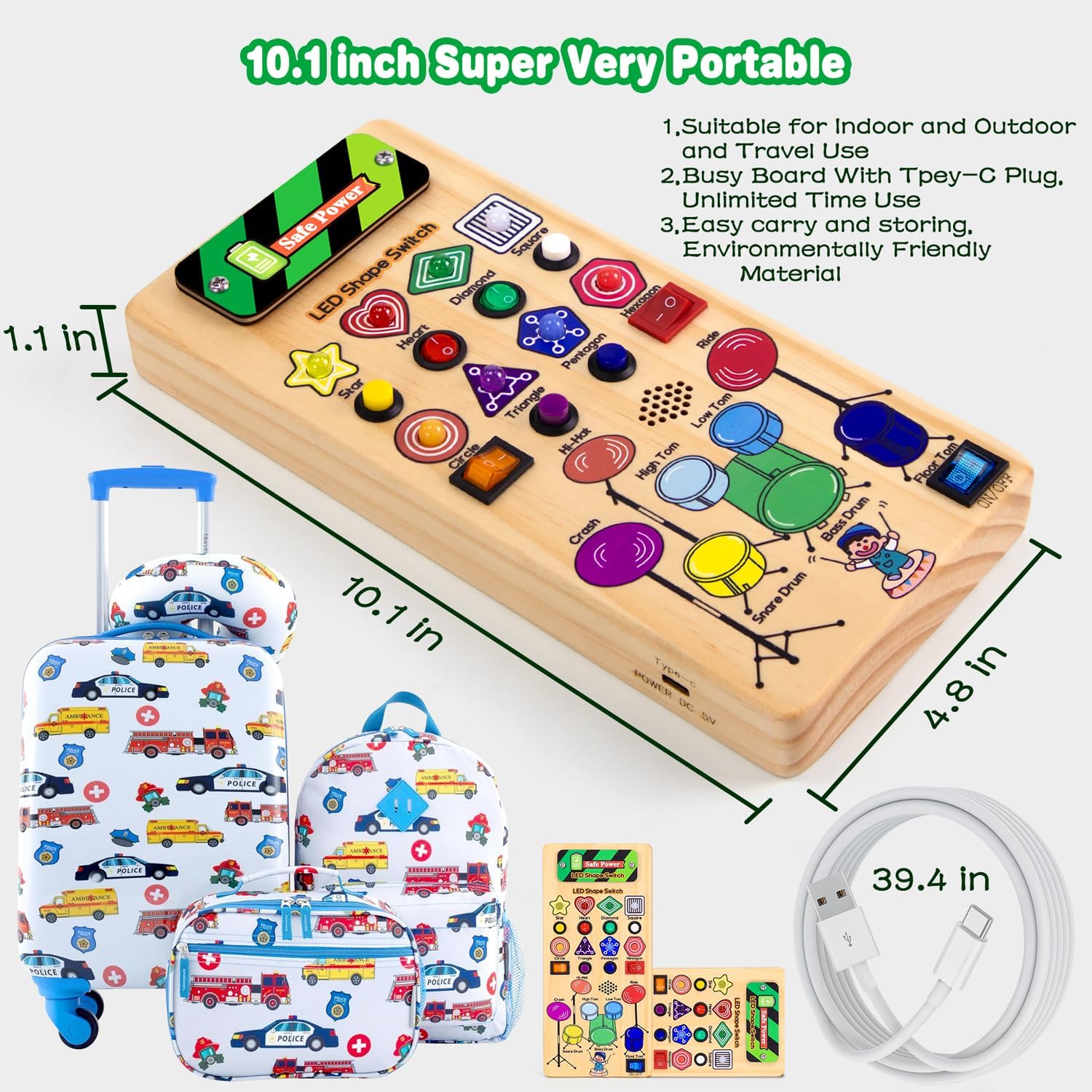 USB Busy Board Montessori Toys with LED Shape Switch and Drum Set for 1-3 Year Old Boys Girls I9070