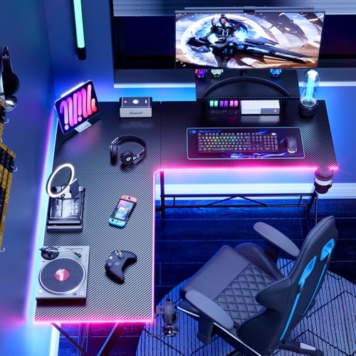 Mr IRONSTONE Gaming Desk with LED Lights, L Shaped Corner Desk, Black 51 Inch X2072