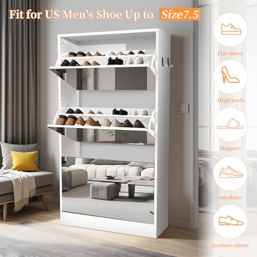 Mirror Shoe Storage Cabinet for Entryway, 3-Tier Narrow Organizer, White A897