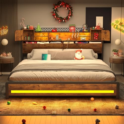 King Size Bed Frame with Storage Drawers and Bookcase Headboard, LED Lights, Vintage Brown K9476