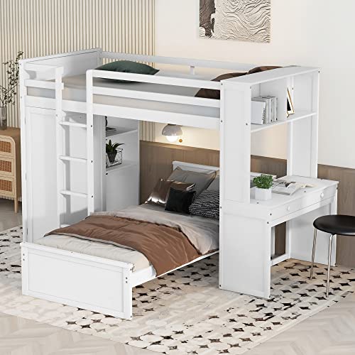 Harper & Bright Designs Full Over Twin Bunk Bed with Desk and Storage, Solid Wood, Gray L8927