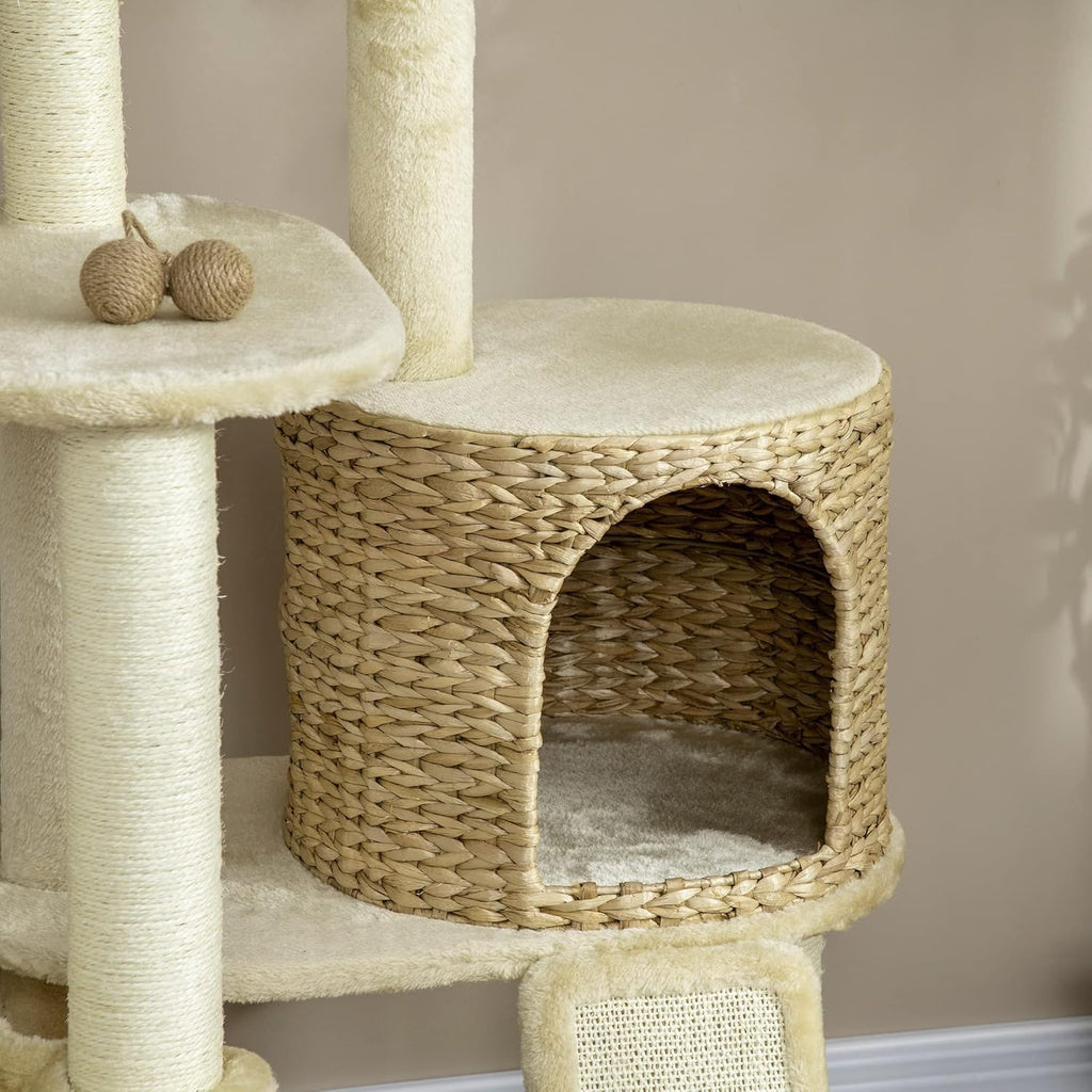 PawHut 59 Inch Cat Tree for Indoor Cats with Condo, Hammock, Scratching Posts, Beige W443