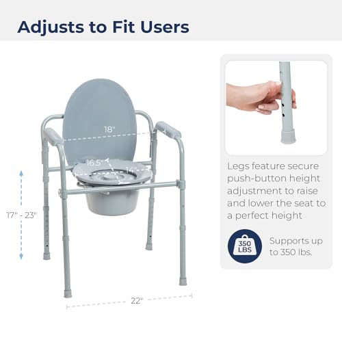 Drive Medical Folding Steel Bedside Commode Chair, Portable Toilet, 350 lb Capacity, Grey D8485