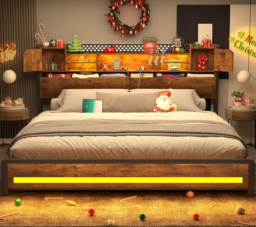 King Size Bed Frame with Storage Drawers and Bookcase Headboard, LED Lights, Vintage Brown K9476