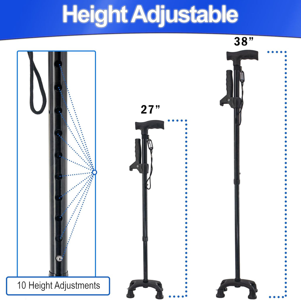 Adjustable Walking Cane with Quad Base and Rotating Handle H8946