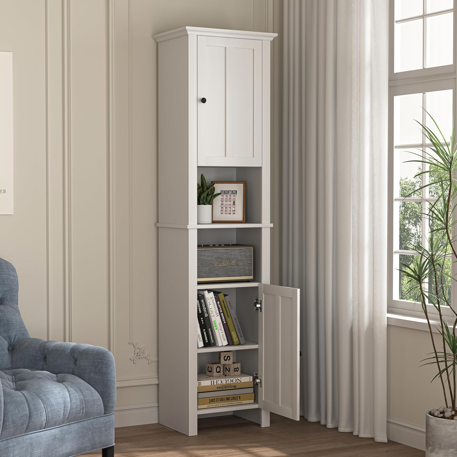 Tall Bathroom Storage Cabinet with Shelves and Door, Narrow, White Q863555